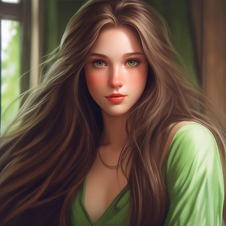 Девушка с каштановыми волосами и зелеными глазами
