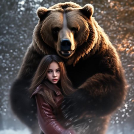 Медведь защищает девушку