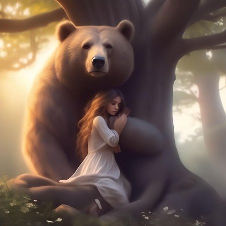 Медведь обнимает девушку