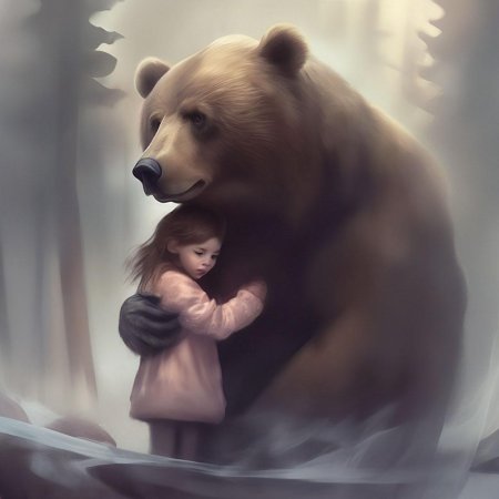 Медведь обнимает девочку