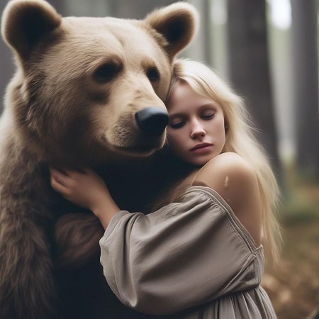 Медведь обнимает девушку