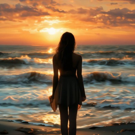 Девушка на закате у моря