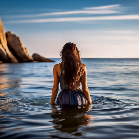 Брюнетка на море со спины