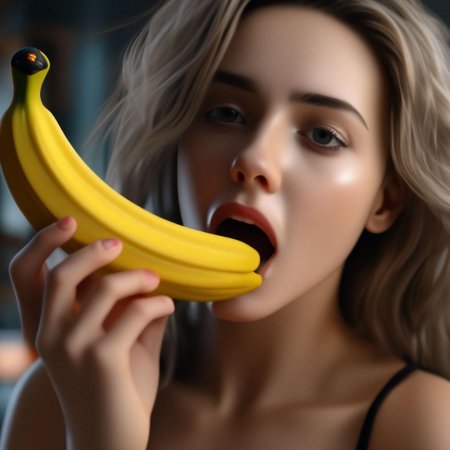 Девушка облизывает банан