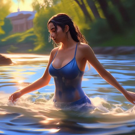 Девушки купаются в реке