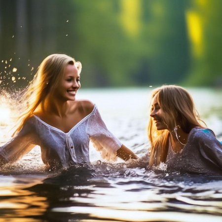 Девушка купается в озере