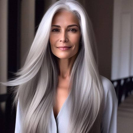 Пожилая модель с седыми волосами