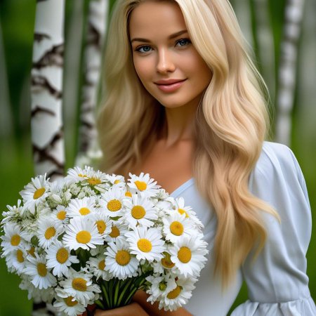 Девушка с букетом ромашек
