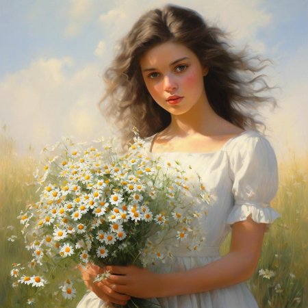 Девушка с букетом полевых цветов
