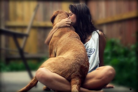 Обнимает собаку