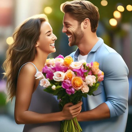 Мужчина дарит цветы