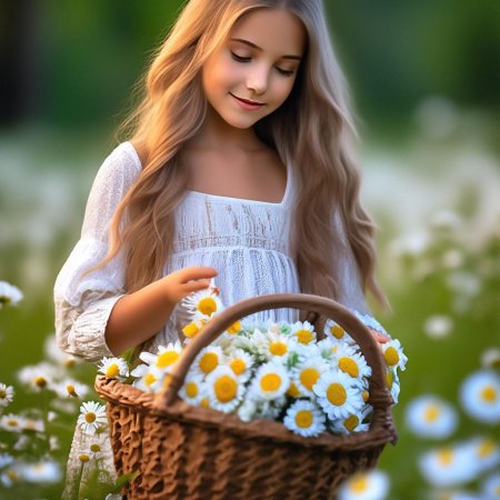 Девушка с букетом ромашек