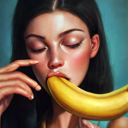 Девушка ест банан