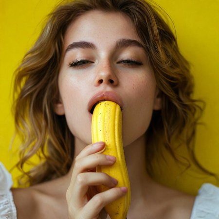 Девушка сосет банан