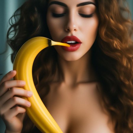 Девушка облизывает банан