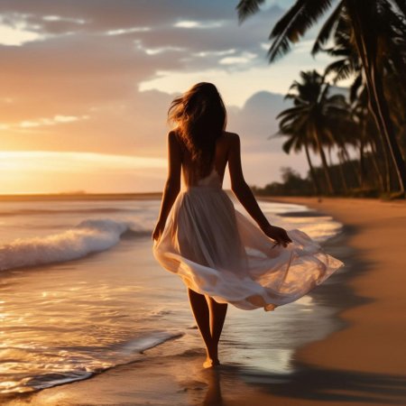 Девушка у моря со спины