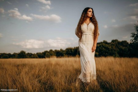 Красивая девушка в шикарном платье на поле
