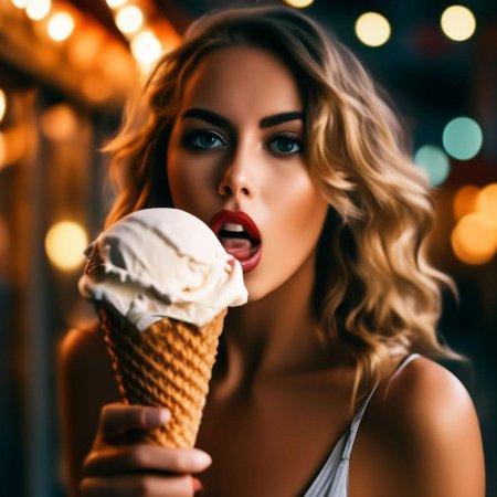 Девушка облизывает мороженое