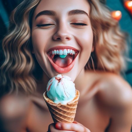 Девушка лижет мороженое