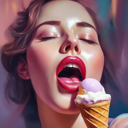 Девушка лижет мороженое