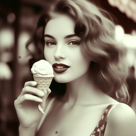 Девушка облизывает мороженое