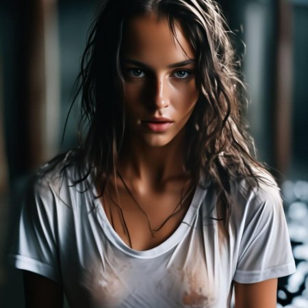 Девушка в мокрой белой футболке