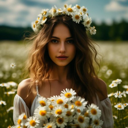 Девушка с букетом ромашек