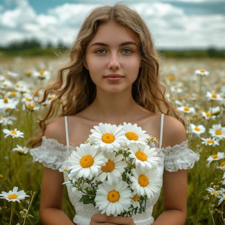 Девушка с букетом ромашек