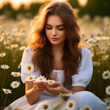 Девушка гадает на ромашке