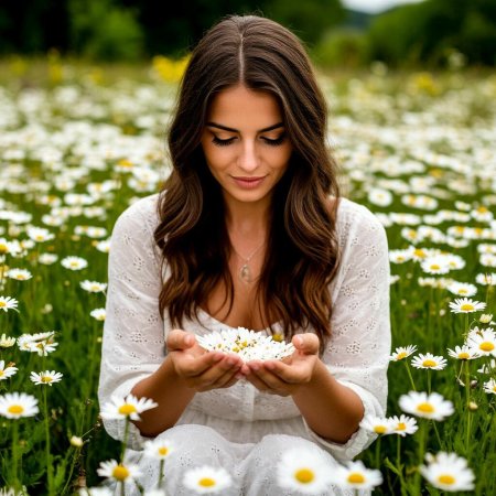 Фотосессия в поле с ромашками