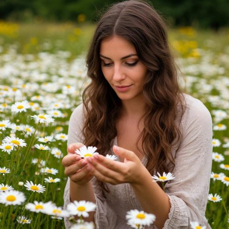 Девушка с букетом ромашек