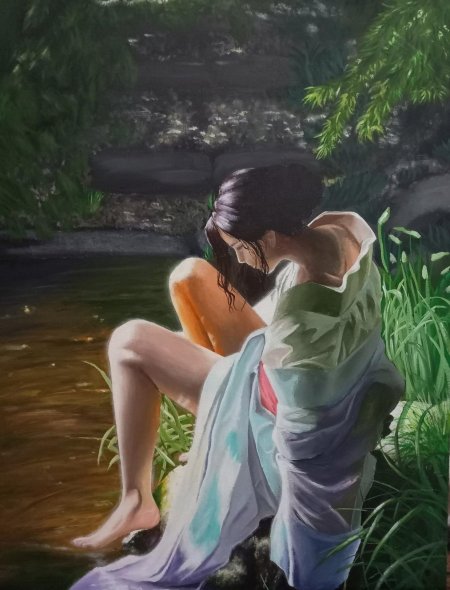 Девушка у реки картина