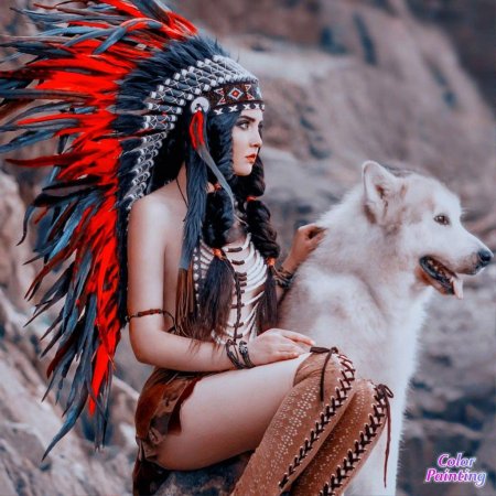Девушка индеец с волком