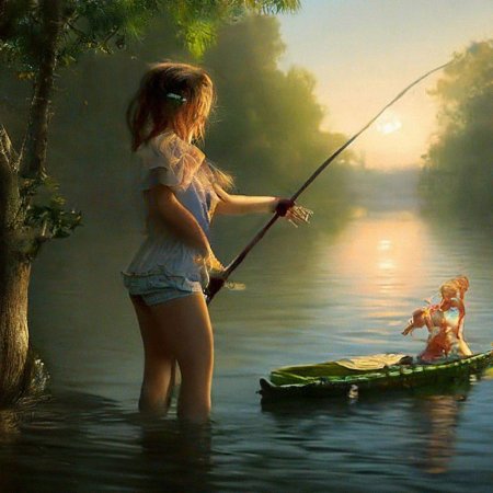 Девушка ловит рыбу