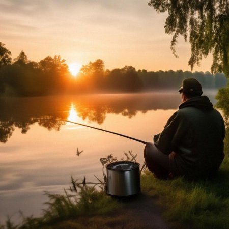 Рыбак на берегу с удочкой