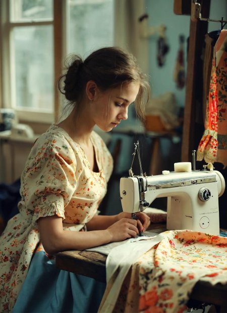 Женщина шьет
