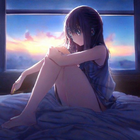 Девочка сидит на кровати