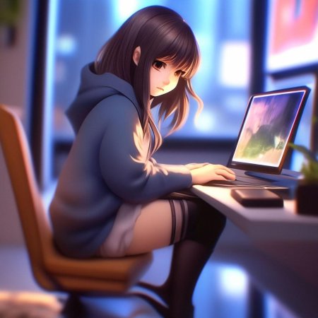 Девушка сидит за ноутбуком