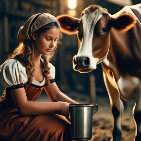 Доярка доит корову