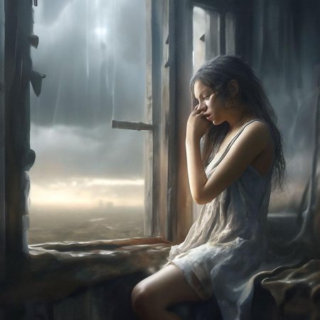 Девушка грустит у окна