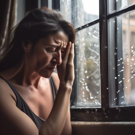 Сильная женщина плачет у окна