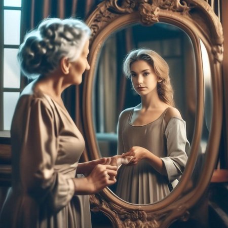Женщина смотрится в зеркало