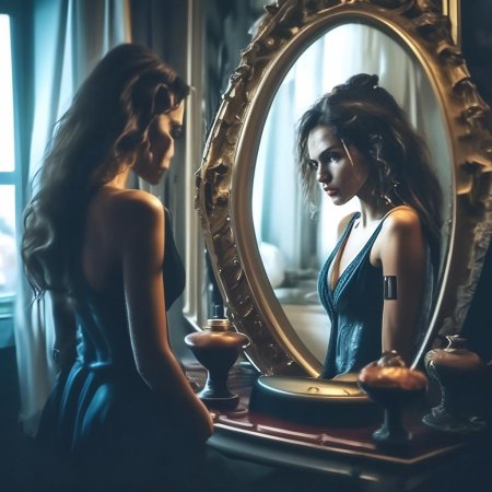 Женщина смотрит в зеркало