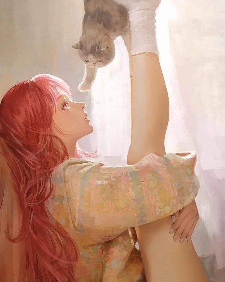 Красивый арт девушка с кошкой