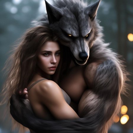 Волк обнимает девушку