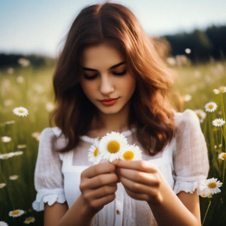 Девушка с букетом ромашек