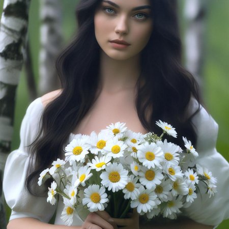 Девушка с букетом ромашек