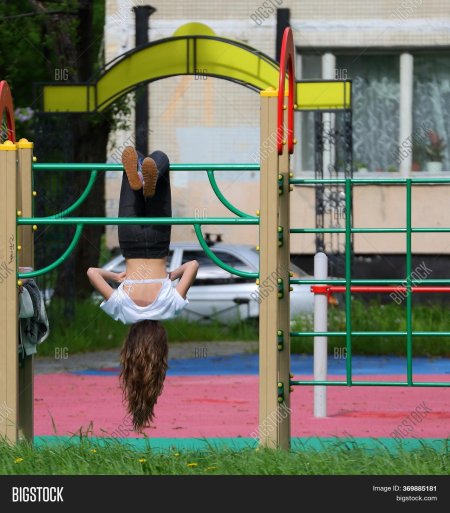 Девушка на турнике вверх ногами