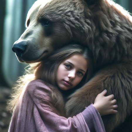 Медведь обнимает девушку