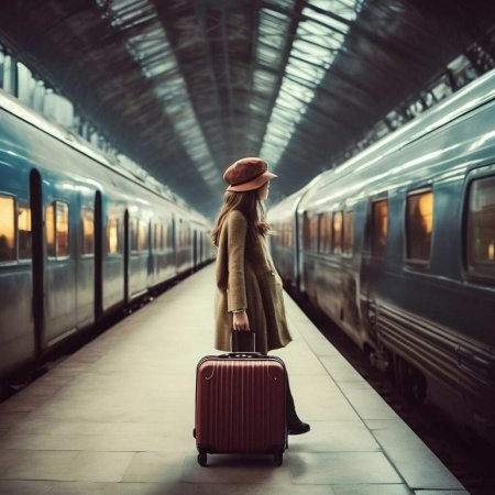 Девушка с чемоданом у поезда